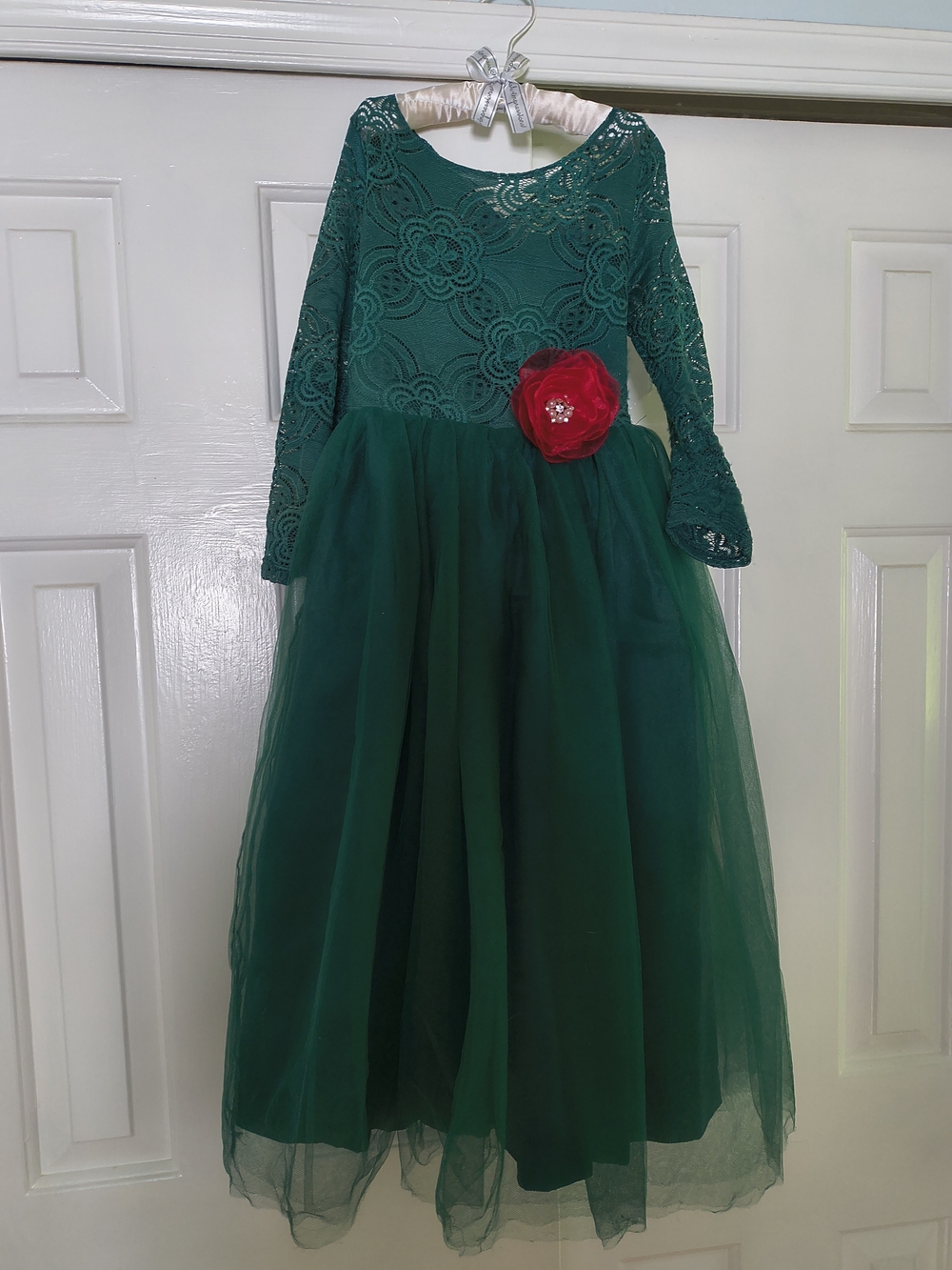 Green Girls Long Lace Sleeve Maxi Dress with Flower Clip Mia Belle Girls